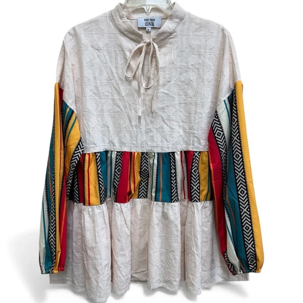ROWDY CROWD Women's Blouse with Multicolor Stripes Aztec Baby Doll Top - Picture 2 of 4